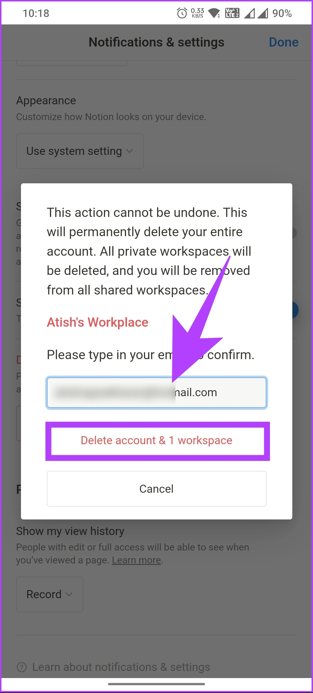 tap the 'Delete account & [x] workspace' button