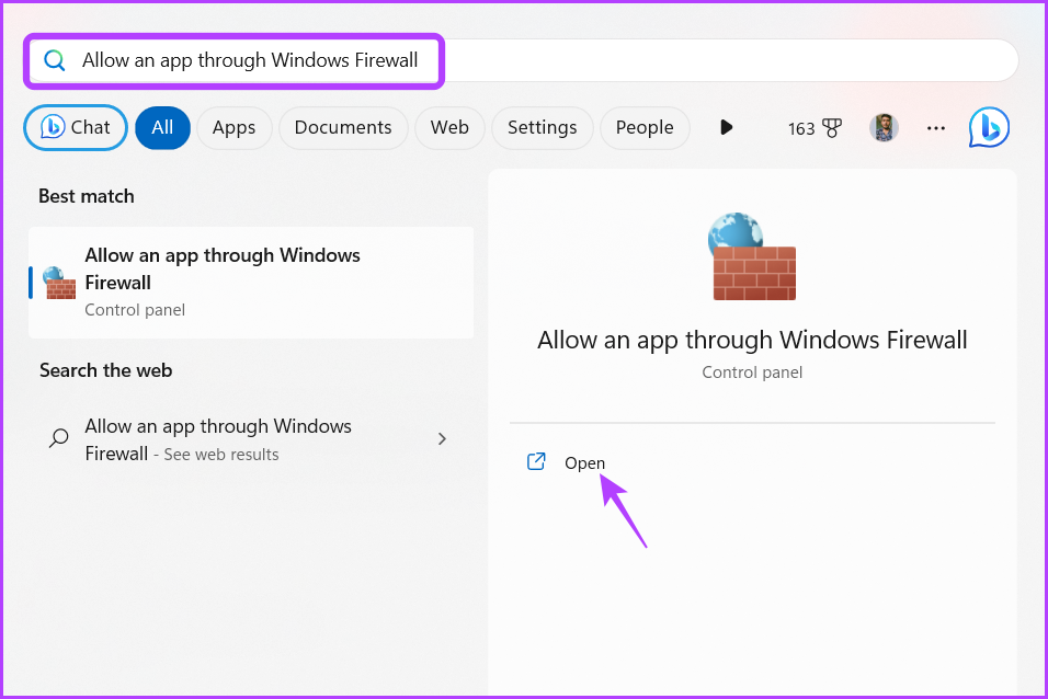 Allow an app through Windows Firewall option in Start menu