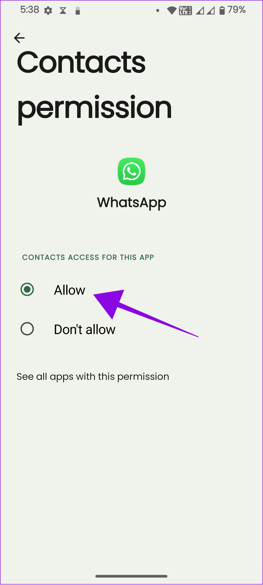 choose allow to solve whatsapp not showing contacts