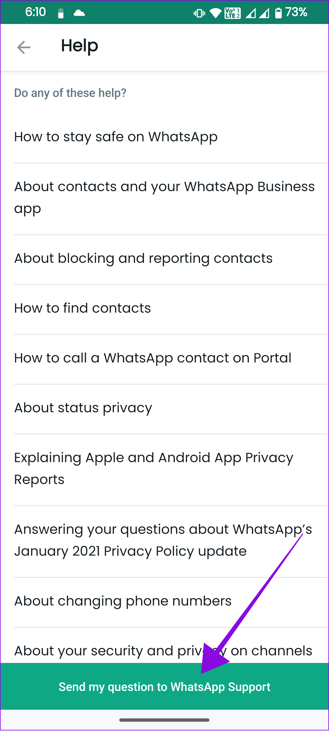choose send my question to WhatsApp Support