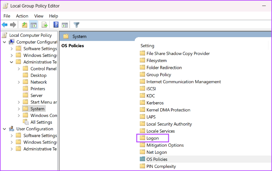 Configure the logon Policy in Group Policy Editor