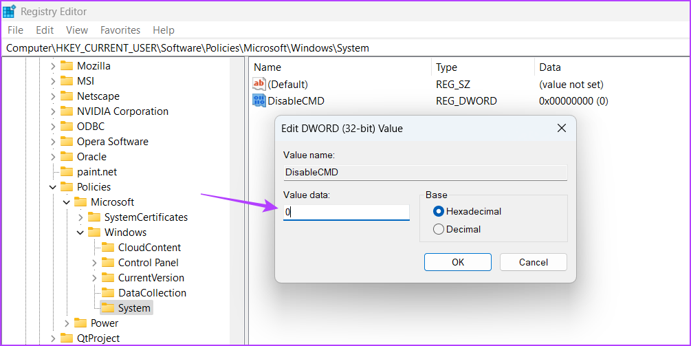 Enable Command Prompt in the Registry Editor