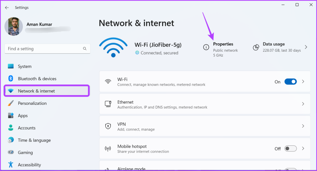 Network & internet option in Settings