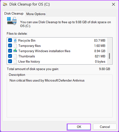 selecting all files in Disk cleanup
