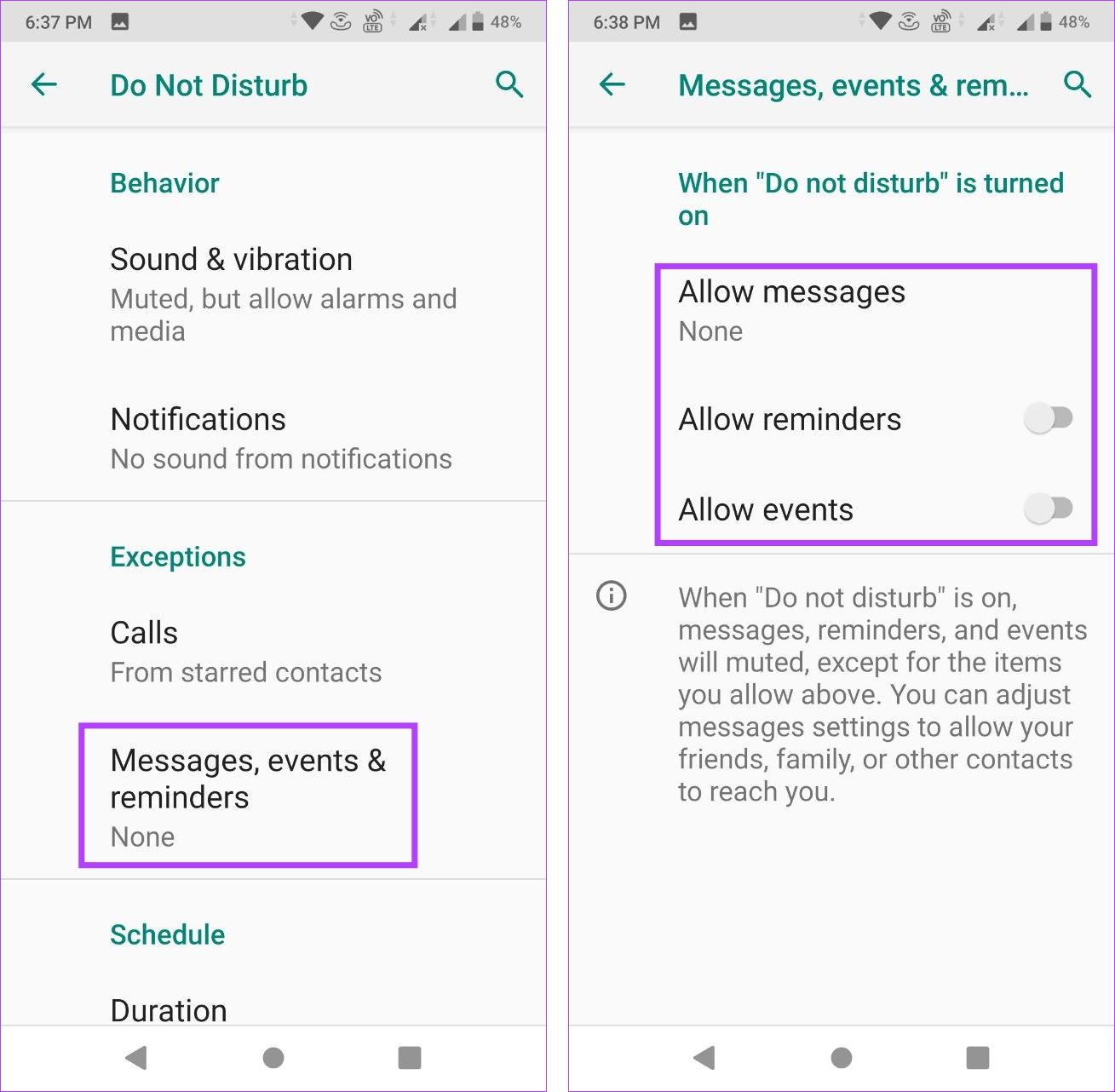 Add DND exception for Messages and reminders