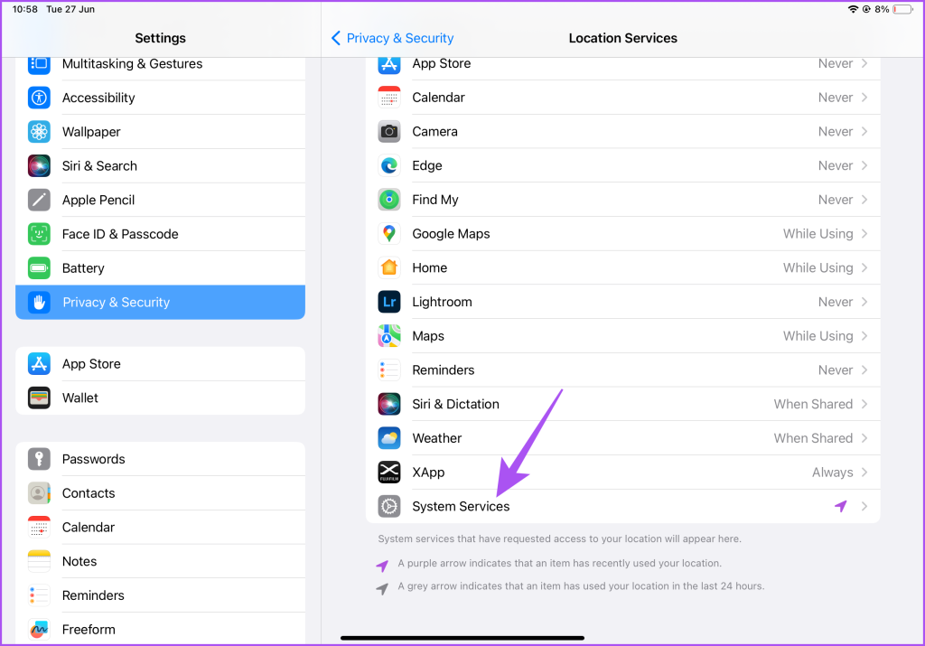 system services settings iPad