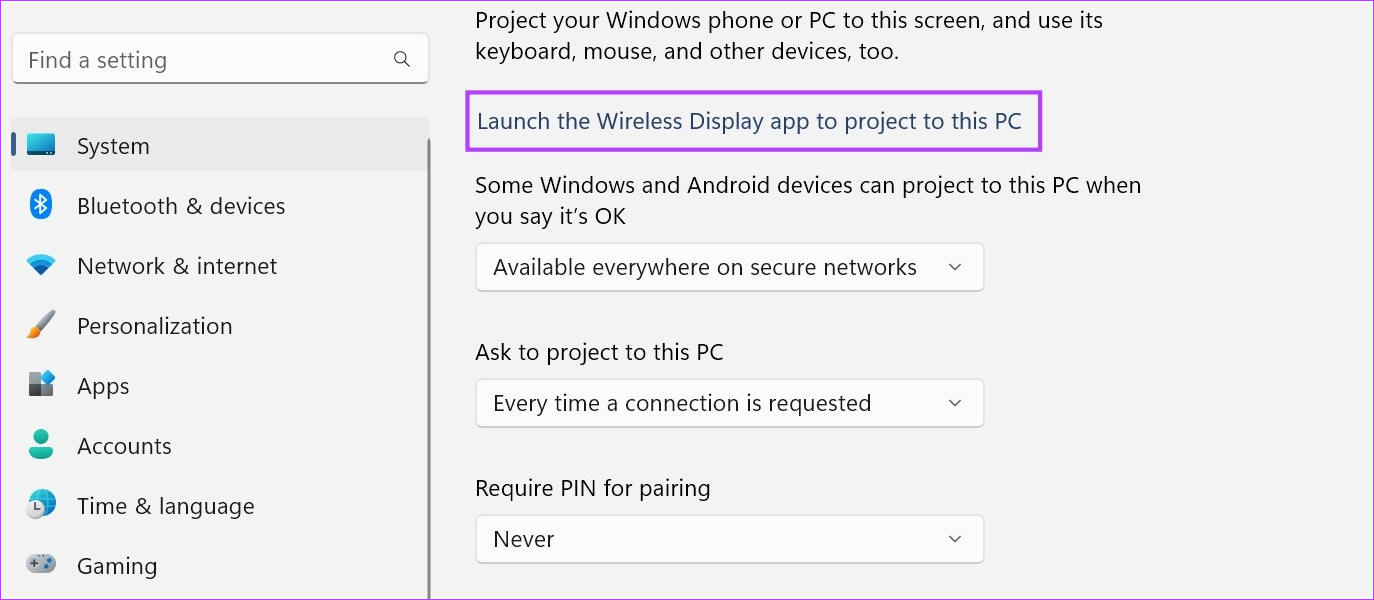 Open screen mirroring settings on Windows