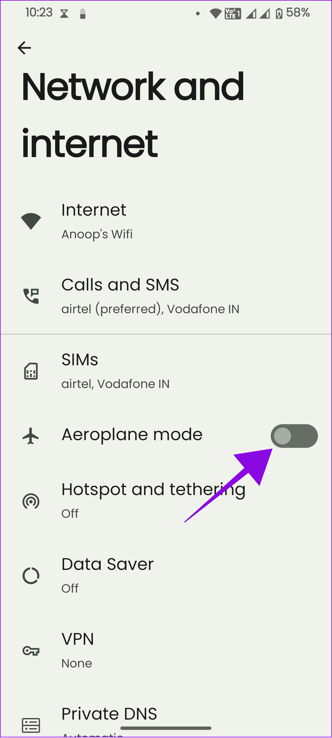 toggle off Airplane mode